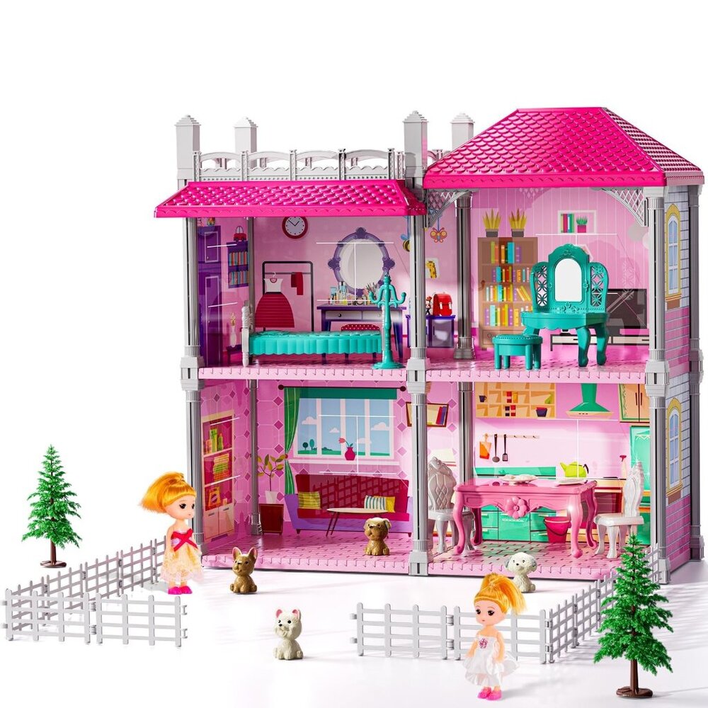 Pink Villa Playset for Girls Ages 3-7, 2-Story 4 Room House with 2 Dolls, Furnit